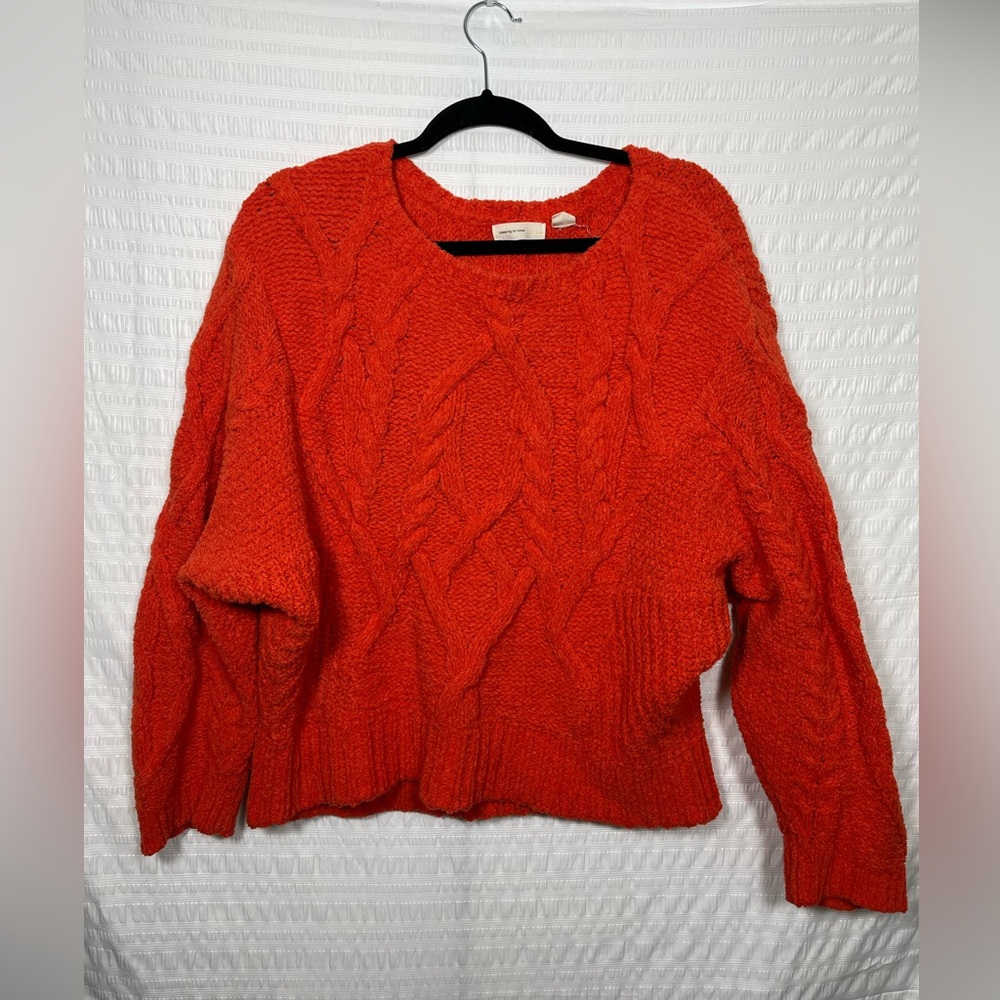 Anthropology Sleeping On Snow Orange Red Cable Knit Sweater Size Medium